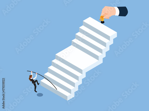 Businessman Pole Vaulting to Get a Trophy on a Staircase, Career Growth, Competition and Ambition. 3d vector illustration