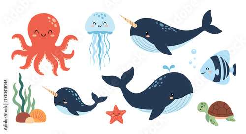 A charming collection of cute cartoon ocean sea creatures.
