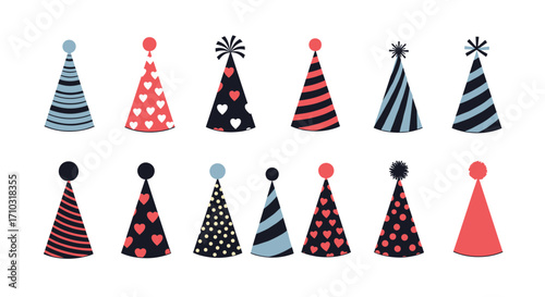 A collection of festive conical party hats decorated with various patterns and colors including stripes polka dots and hearts making them ideal for celebrations and special occasions.
