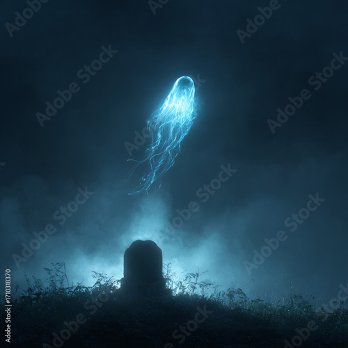 Wallpaper Mural A glowing ghostly figure floats above a misty grave, with tendrils of light, creating a spectral and eerie Halloween scene full of mystery and fear. Torontodigital.ca