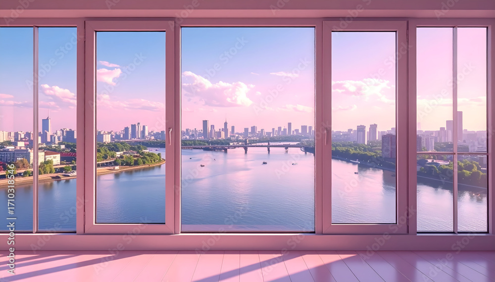 Fototapeta premium A view from an indoor window of the river and cityscape at sunset, dyed pink.