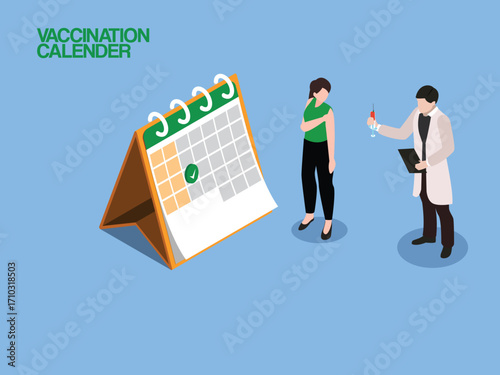  Female Doctor Giving a Vaccine to a Patient, Vaccination Calendar and Immunization, Disease Prevention.3d vector illustration