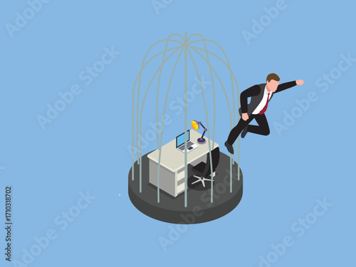 Man Breaking Free from a Cage, Freedom from a Limiting Job, Escape from a Problem, and Liberty from the Workplace 3d vector illustration