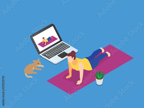 Woman Practicing Yoga with a Cat in Her Living Room, Online Fitness and Home Workout, Healthy Lifestyle and Meditation 3d vector illustration