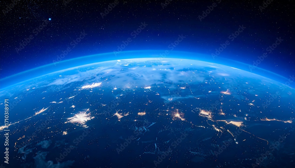 Obraz premium A vibrant, close-up view of Earth from space, showcasing its blue atmosphere, city lights, and starry backdrop