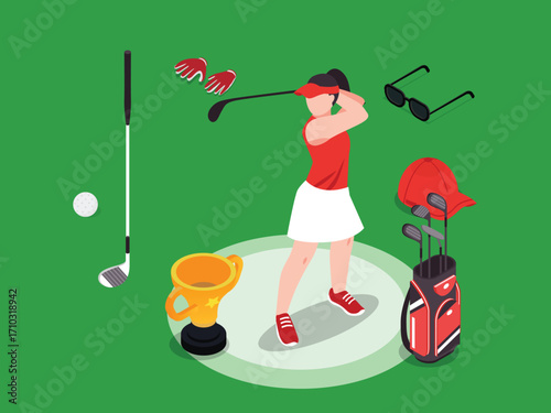  Woman Playing Golf with a Trophy and Equipment, Golf Tournament, Success, and Leisure Activity. 3d vector illustration