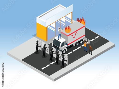 Group of Riot Police with Shields Standing in Front of an Arsonist and a Burning Truck, Civil Unrest, Protest and Riot. 3d vector illustration