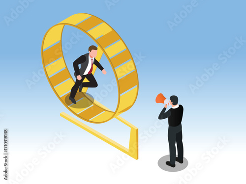A Businessman Running in a Hamster Wheel While Being Shouted at by a Manager, Corporate Pressure, Work-Life Imbalance, and Workplace Stress. 3d vector illustration