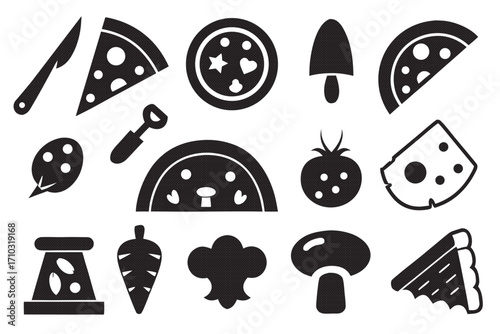 Collection of pizza ingredients and cooking tools, showcasing various elements for pizza preparation and culinary design