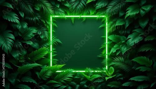 Lush green leaves with a glowing neon square frame 
