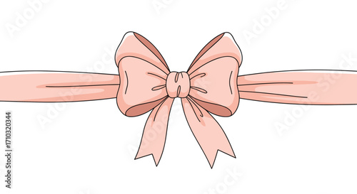 A delicate pink bow tied on a satin ribbon with dashed lines extending outwards.