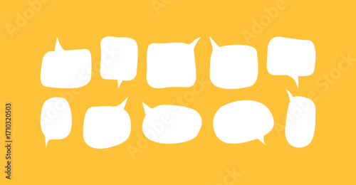 A set of ten diverse hand-drawn white speech bubbles with a rough, imperfect texture on a vibrant yellow background. The bubbles include various organic shapes and sizes, ideal for comics, dialogue