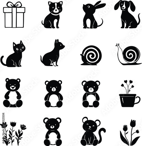 Cute Icon Set – Black Silhouettes of Pets, Flowers, Gifts, Bears, Snails, and Whimsical Objects