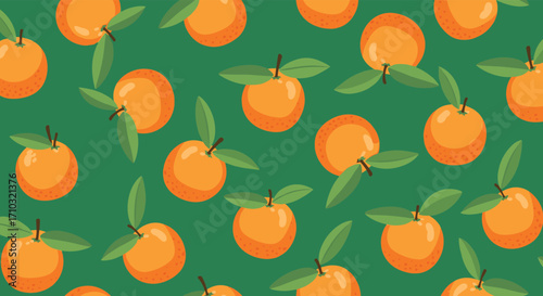 A delightful pattern of fresh oranges with green leaves on a vibrant background.
