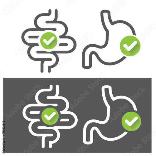 Stomach and intestines with a checkmark, a symbol for healthy organs