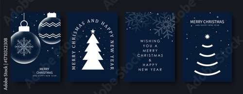 Vector Merry Christmas and Happy New Year greeting card. Minimalistic design for cards and advertising. Vector illustration with Christmas baubles, snowflakes, and a Christmas tree.