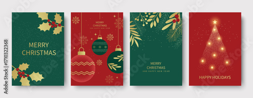 Luxury design for Merry Christmas and New Year greetings. Golden branches, holly, and Christmas tree baubles on a red and green background.