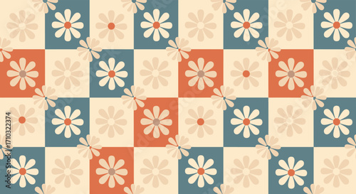 A charming repeating pattern featuring stylized daisies in a retro checkerboard design.