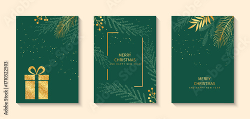 Luxury set of cards for Christmas and New Year greetings. Golden branches, a gift, and a fir tree on a green background.