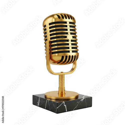 Vintage gold microphone on marble base for recording music or podcasts professional studio equipment