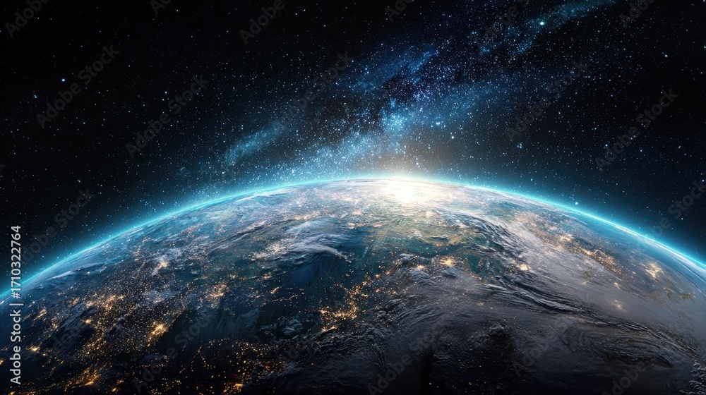 Obraz premium Stunning Night Earth From Space Showing City Lights and Milky Way Galaxy A Breathtaking View of Our Planet at Night