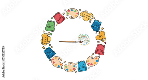 A circular arrangement of colorful art supplies and tools.