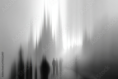 Blurry figures in a misty urban scene