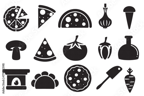 Collection of pizza ingredients and cooking tools, showcasing various elements for pizza preparation and culinary design