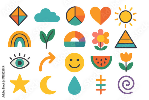A versatile collection of colorful abstract icons. Playful set of geometric shapes, nature elements and whimsical symbols like sun, rainbow, heart, eye, and flower. Flat vector illustration.