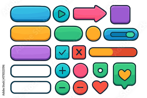 Colorful cartoon UI button kit for web and mobile game apps. Vector GUI design elements. Set includes play, navigation, slider, loading bar, and social media icons. Modern graphic.