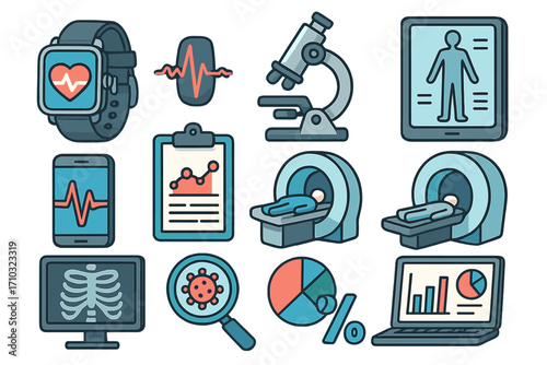 Medical and health tech icon set. Digital healthcare, science research, and data analysis symbols. Vector cartoon illustration of MRI, X-ray, EKG, and lab equipment.