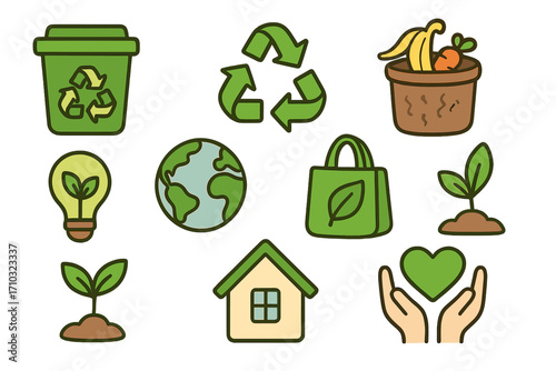 Eco friendly icons set for sustainable living. Ecology and environment concept. Green energy, recycling, composting, and zero waste symbols. Vector cartoon illustration.