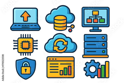 Colorful technology icon set with cloud computing, data processing, web hosting symbols. Vector icons of server, database, network, security, analytics for digital concepts.