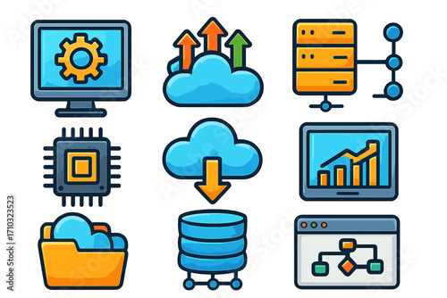 Set of colorful technology icons. Cloud computing, data processing, server and database symbols. Vector cartoon illustration for hosting, analytics, storage and network concepts.