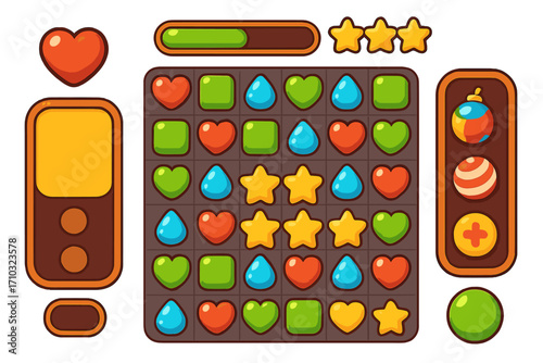 Match three puzzle game UI kit. Cartoon vector interface elements for mobile app. Colorful icons, buttons, progress bar, and power ups. Flat design game screen assets.