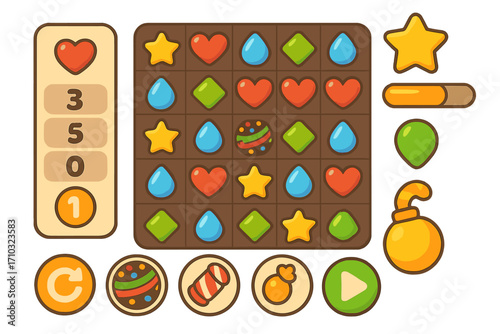 Vector match 3 puzzle game UI kit. Cartoon assets for mobile app. Includes icons, buttons, progress bar, bomb and candy boosters. Flat illustration for casual gaming.