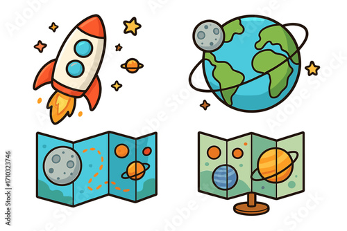 Vector cartoon space exploration set. Colorful icons of rocket, Earth with moon, star map and planets. Astronomy science, galaxy adventure, cosmic travel design elements.