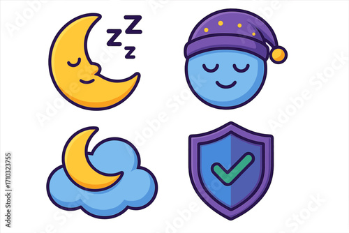 Sleep icon set for relaxation and security. Night dream symbols. Good night and safe sleep concept. Vector cartoon illustration of moon, cloud, sleeping face and shield.