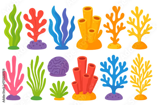 Colorful seaweed and coral set. Vector cartoon underwater seaweeds, corals, algae collection. Marine ocean sea life plants illustration. Isolated aquatic botanical elements.