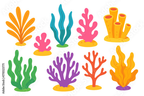 Set of colorful seaweeds and corals. Underwater marine plants collection. Cartoon vector illustration elements for design. Aquatic sea life, ocean flora, algae pack.