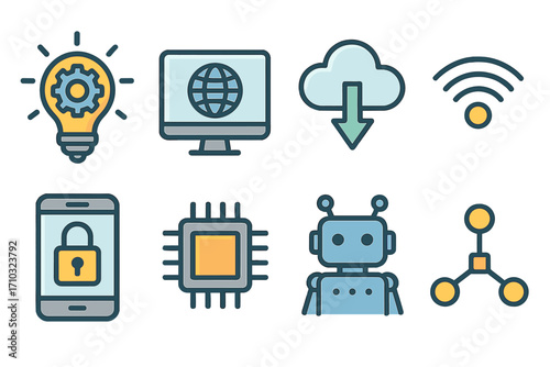 Technology icon set vector pack. Symbols for innovation, internet, cloud computing, wifi, mobile security, cpu processor, AI robot, network connection. Flat cartoon design.