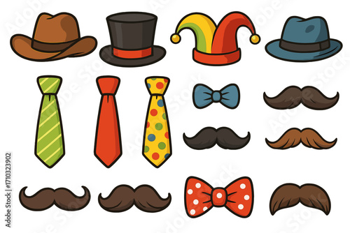 Photo booth props set with fun cartoon hats, mustaches, and ties. Gentleman party costume accessories collection. Vector icon pack for carnival, character design or masquerade.