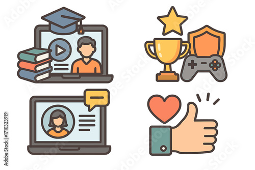 E-learning and gamification icon set. Vector concepts for online education, student engagement, webinar courses, achievement rewards, user profiles, and social feedback.