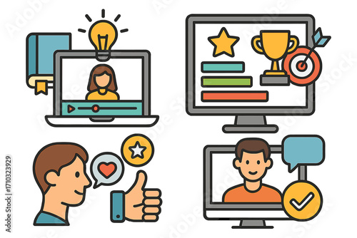 E-learning and gamification icon set for online education. Concepts of user engagement, rewards, achievement, feedback, and online training. Vector illustration collection.