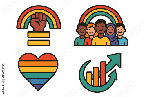 Vector icon set for diversity, equity, and inclusion. Symbols of equality, community, and progress. Rainbow pride, raised fist, multicultural people, growth chart. Social justice.