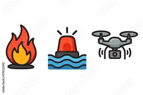 Emergency response icon set for disaster management. Vector symbols of fire, flood alert, and drone surveillance. Safety, rescue, and alert icons for public services.