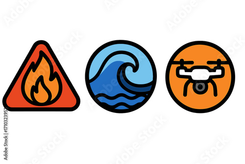 Emergency response icon collection for disaster management situations. Vector symbols for fire, flood, and drone surveillance. Warning signs for natural disasters and safety alerts.