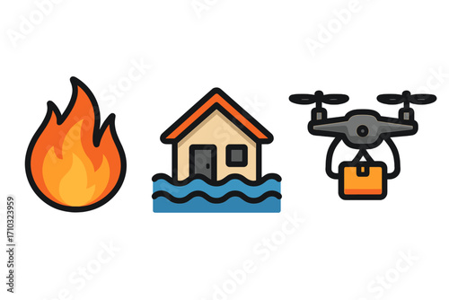Emergency response icon set for disaster management. Vector symbols of fire, house flood, and drone for aerial surveillance, rescue, and aid. Natural disaster concept design.