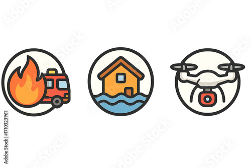 Emergency response icon set for disaster management. Fire truck, flood house, aerial drone surveillance. Natural catastrophe, rescue, and safety vector cartoon illustration.
