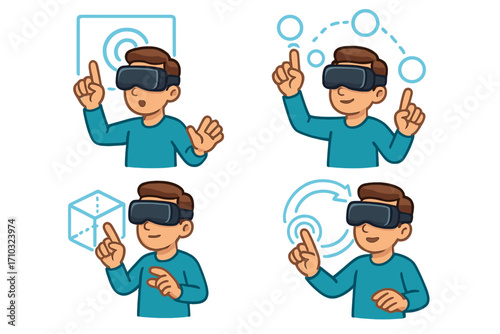 Man wearing VR headset interacts with augmented reality interface. Set of cartoon characters exploring metaverse. Future technology, virtual simulation, and UX concepts vector.